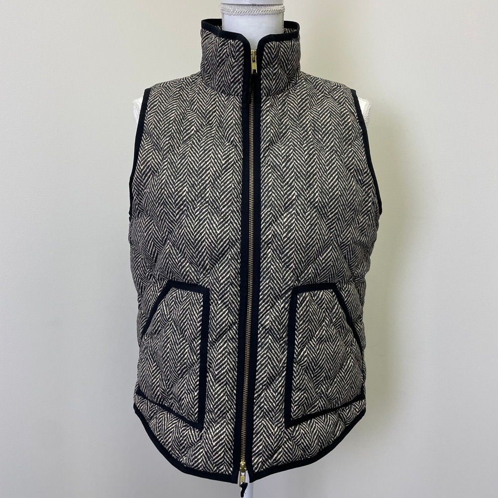 J.Crew Excursion Quilted Puffer Vest Black Tan Herringbone Down Fill Medium